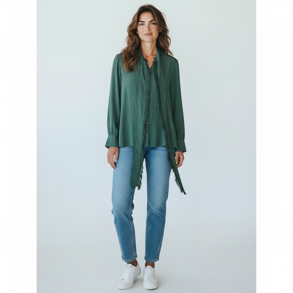 Tory Burch Green Silk Fringe Neck Tie Blouse Size 4‎